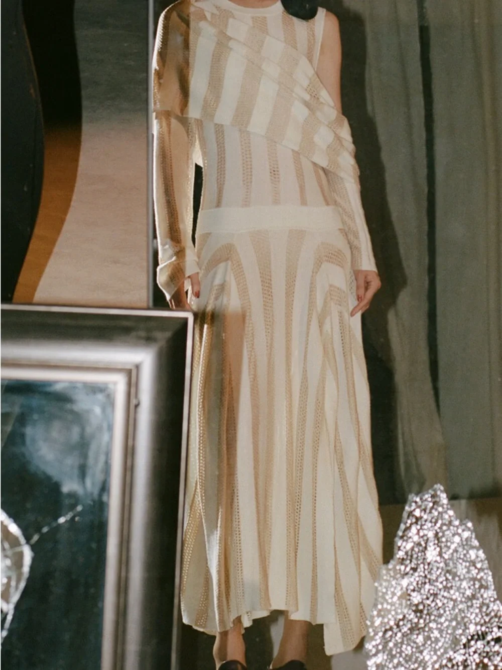 Diotima Ivory & Gold Striped Shrug Draped Maxi Dress Size US4 New With Tags - Picture 4 of 5